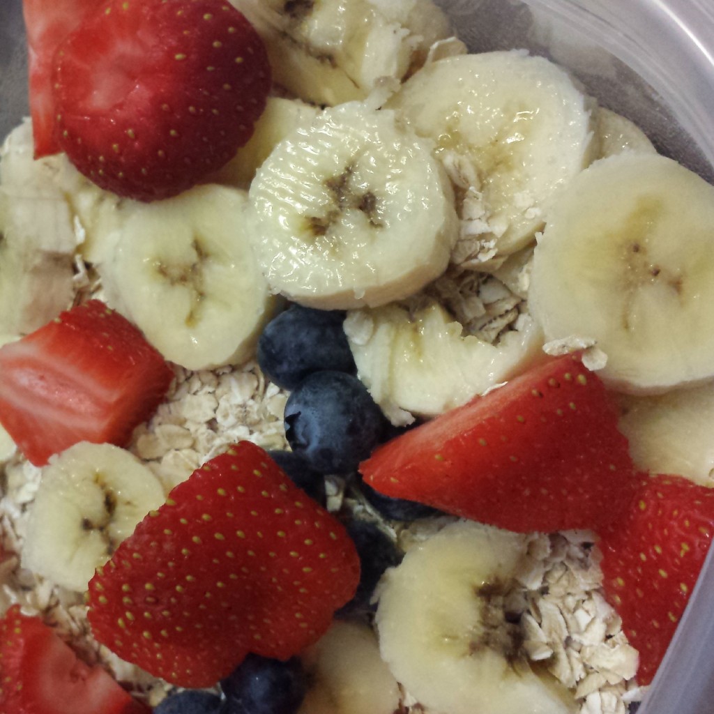 Oatmeal, honey, blueberries, strawberries and bananas