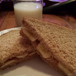 Peanut butter and banana sandwich (and skim milk)