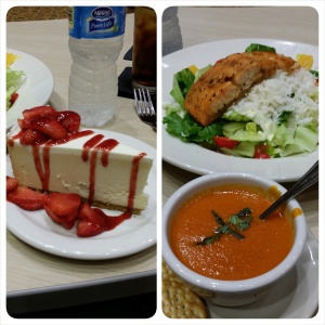 Tomato parmesan bisque, salmon and cheesecake from Peppers at Renaissance Hospital