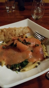 Salmon asiago penne pasta with caper sauce